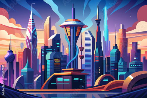 Colorful illustration of a futuristic cityscape at sunset, featuring stylized skyscrapers with glowing windows and sleek, modern design elements.