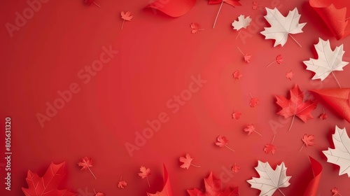 Red and white low poly maple leaves on red background with copy space. Autumn and Canada Day concept.