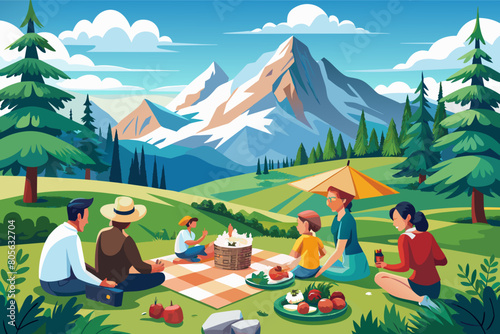 Family picnic An awe-inspiring mountain peak illustration