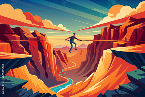 A stylized illustration of a man tightrope walking across a canyon, using a balancing pole, with dramatic cliffs and a winding river below under a colorful sunset sky.