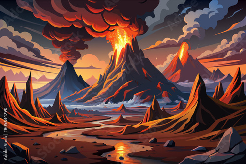 A dramatic volcanic landscape, with steaming vents and jagged lava formations illustration