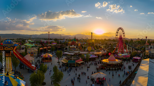 As the sun sets behind the sprawling landscape, a majestic ferris wheel stands tall, casting a vibrant glow over the sky