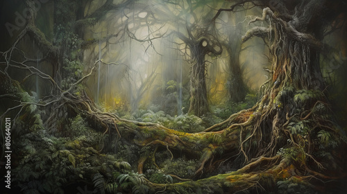 A dense fog enveloping a mystical forest, ancient trees towering overhead with twisted roots, glowing mushrooms illuminating the undergrowth, creating an atmosphere of mystery and wonder, Painting, ac