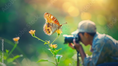 A photographer crouches to capture a rare butterfly on a flower