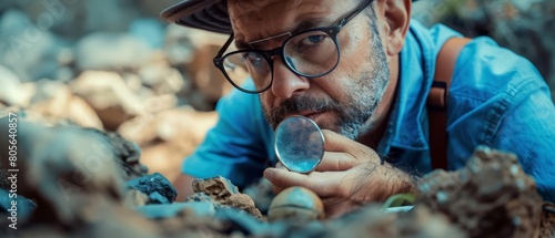 About realistic portrait of an archaeologist uncovering ancient artifacts