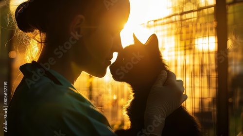 Silhouette of a veterinarian caring for animals in a shelter