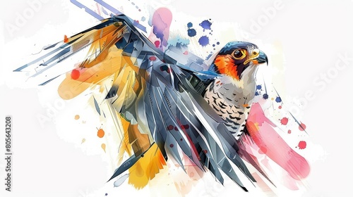 The surreal vision of a cute cyber minimal charismatic watercolor painting illustrated a peregrine falcon with robotic wings