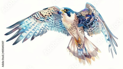 The surreal vision of a cute cyber minimal charismatic watercolor painting illustrated a peregrine falcon with robotic wings