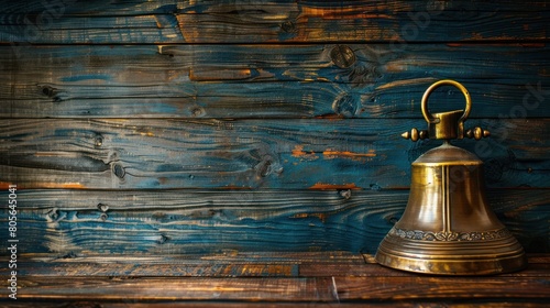 Illustration of a brass bell hanging on a wooden background with copy space. Ai generated