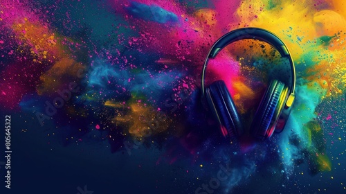 illustration world music day with headset headphones on abstract colorful dust background. Ai generated