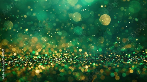 illustration abstract of shiny gold bokeh and sparkling colors for invitation, greeting card, St Patty's day celebration. Ai generated