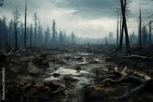 A desolate forest with a lot of dead trees and a lot of water