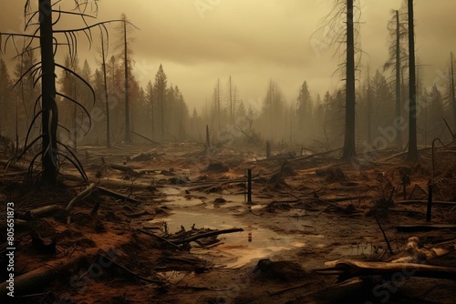 A forest with dead trees and a lot of mud