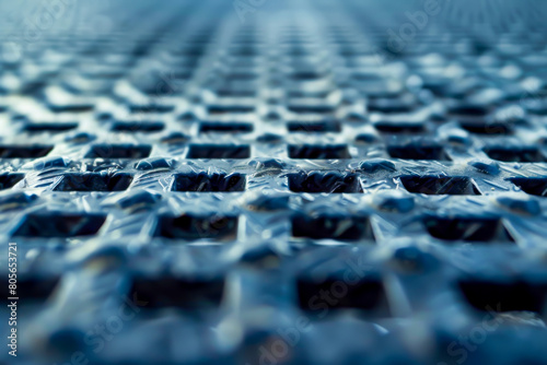 The image is of a metal grate with squares on it. The image has a cold and metallic feel to it