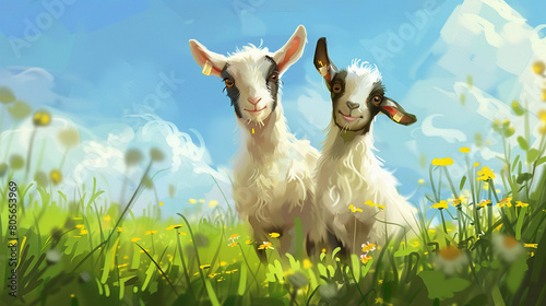 Cute Goats Gamboling in Green Meadows. Generative Ai
