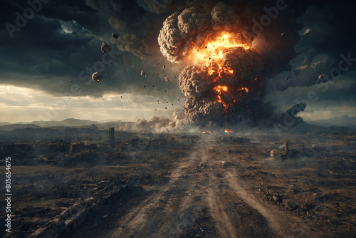 A large bomb explosion is depicted in the sky, with a lot of debris and smoke