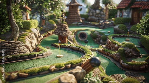 A whimsical mini-golf course with imaginative obstacles.