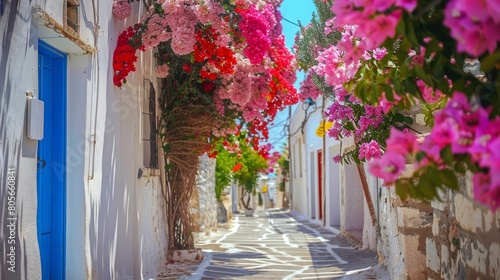 Naxos, Greece, May 20, 2017: Typical Greek street with summer flowers. Naxos island. Cyclades. Greece