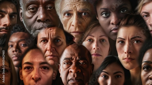 A group of diverse faces with expressions of fear and anxiety, symbolizing the psychological toll of living in a society plagued by uncertainty and insecurity