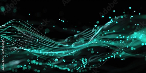 Teal glowing particles form into a wave-like shape on a black background. AIG51A.