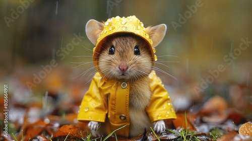 Mouse in Yellow Raincoat Enjoying Rainy Day