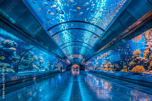 Aquarium tunnel interior design, underwater exhibit, architecture
