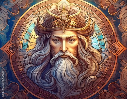 A pagan god with long white beard, crown of thorns in a ethereal circle. Judgement Tarot Card , Vector illustration.