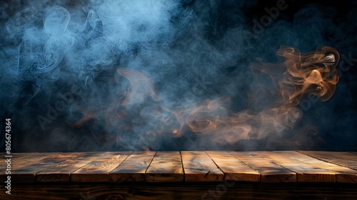 Ethereal Wooden Table with Floating Smoke in Moody Dark Studio Scene