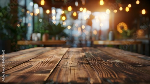 Inviting Wooden Table with Warm Bokeh Lighting in Blurred Restaurant Setting
