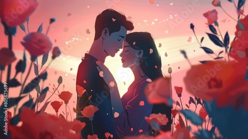 romantic banner illustration: young couple holding each other in love valentines day background