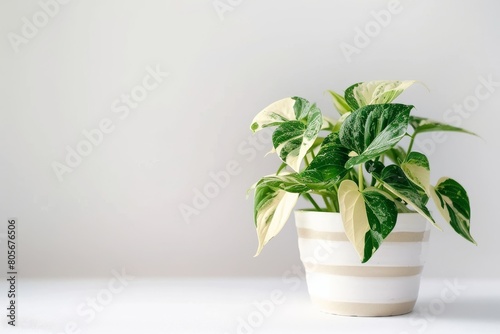 A cute mini Variegated pothos plant in a pot, white background