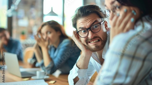 Employees expressing frustration as they sit through another lengthy and unproductive meeting