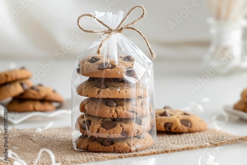 Close - up professional photo for mockup, well lit photo of clear cellophane bag with vertically stacked chocolate chip cookies tied at top of bag with jute bow, on table with white background