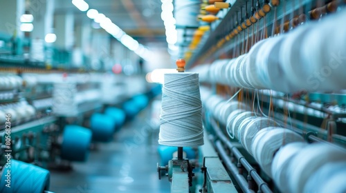 Industrial yarn production with a green twist, close-up on the eco-friendly machines and materials, in a bustling factory environment