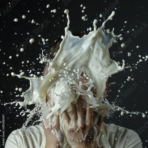 A conceptual image of a person having a discomfort reaction to lactose, with symbolic visuals like milk turning stormy