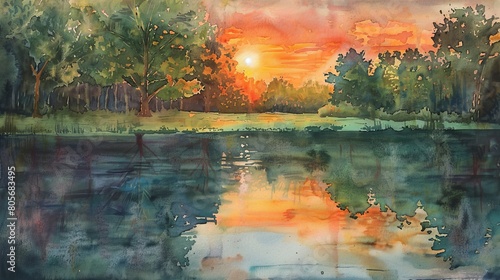 Watercolor of a peaceful park scene at sunset, the sky ablaze with hues of orange and pink reflecting off a serene pond
