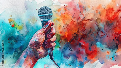 Vibrant watercolor depicting a broadcaster's hand firmly holding a microphone, intense focus rendered in bold strokes and sharp contrasts