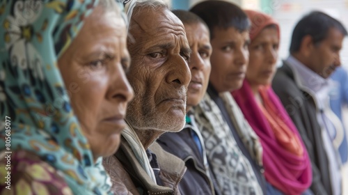 A line of patients waiting outside a crowded hospital, their faces etched with worry and exhaustion