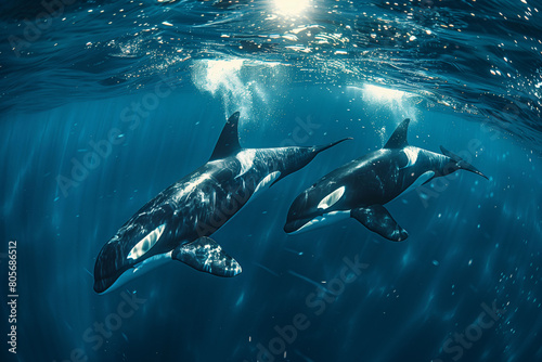 Two orcas swimming together under ocean surface, light filtering through water, illustrating grace and wild majesty. 