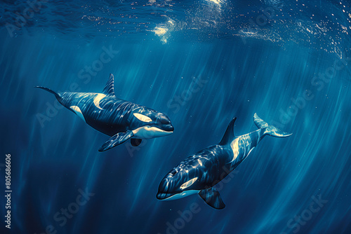 Two killer whales underwater, diving near ocean surface under sunbeams, concept of marine mammal life in the wild. 