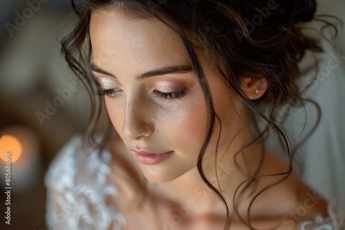 Bridal makeup session, soft lighting, delicate touches, serene bride