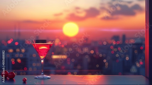 Rooftop Bar Evening A minimalist shot of a rooftop bar at sunset, focusing on a single drink with the cityscape a distant, soft blur