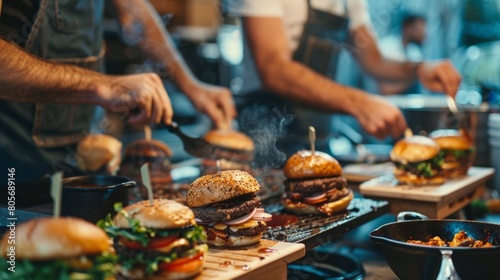 A group of men gathered around a DIY burger bar for a grill masters themed night where they can customize their own burgers and compete for the title of best burger.