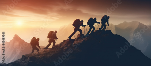 Group of people on peak mountain climbing helping team work