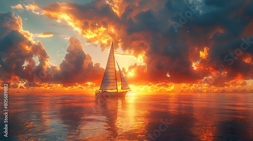 A lone sailboat glides across a vast ocean beneath a dramatic sky.