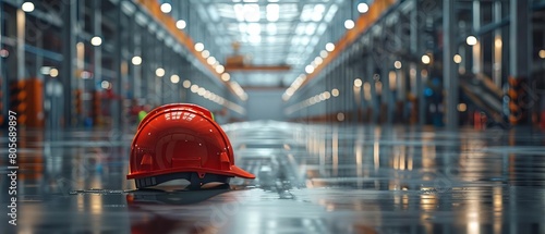 An industrial engineer s reflective helmet in a large, sparse factory, emphasizing safety and scale