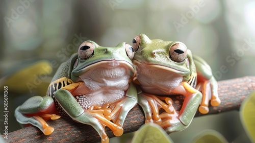 A pair of green tree frogs sit on a branch, looking at each other with big, round eyes.