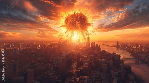 Explosion of nuclear bomb in the city. end of world illustration. Nuclear war threat concept