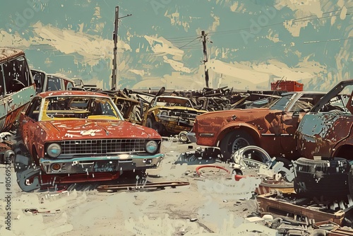 chaotic disarray of abandoned car parts strewn across desolate junkyard digital painting