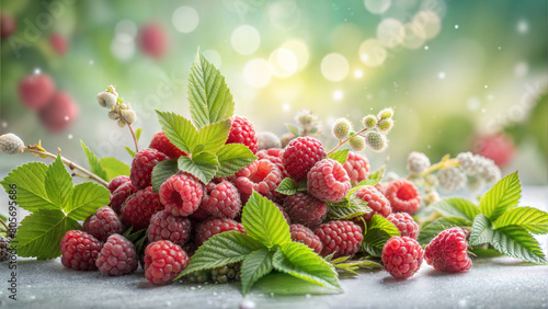  Fresh raspberries with green leaves, shining under soft light. A whimsical close-up of ripe raspberries bathed in enchanting light, nestled in vibrant green foliage.